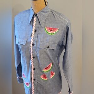 1970s Cotton Chambray Shirt With Watermelon Appliques Medium